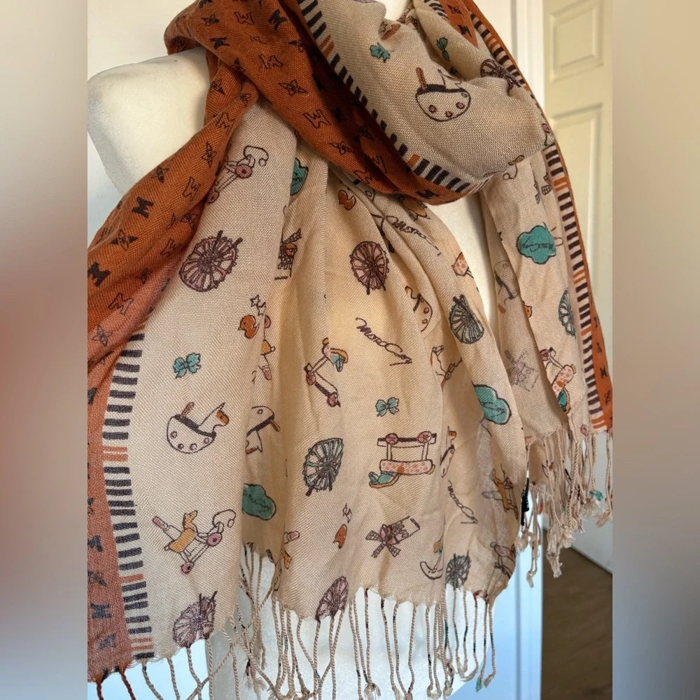 Metrocity Eclectic Patterned Scarf in Brown and Orange Tasseled One Size
